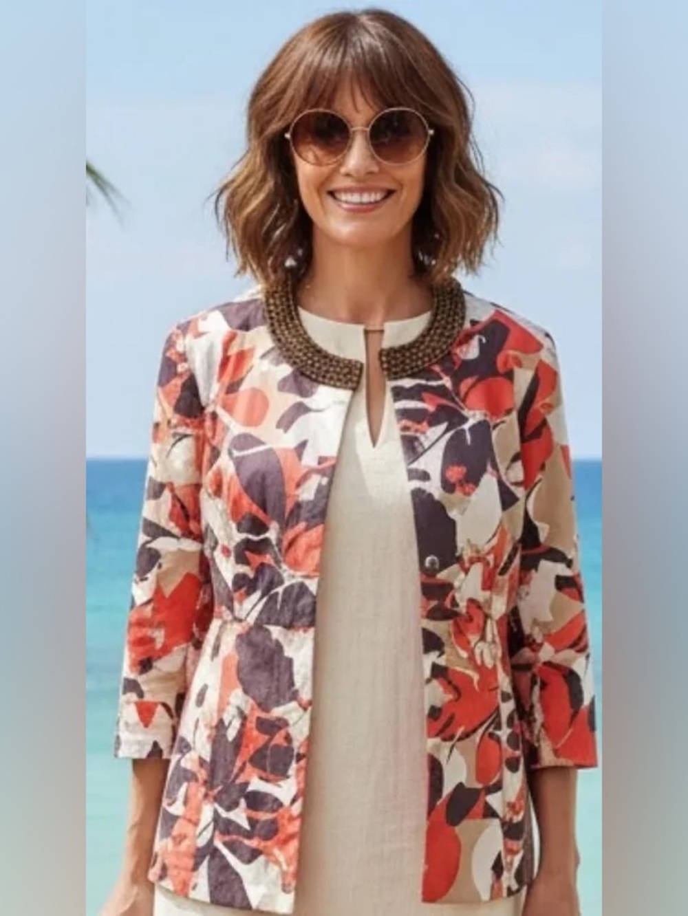Lane Bryant Women's Orange & Brown Floral Print Lightweight Peplum Blazer Sz 14